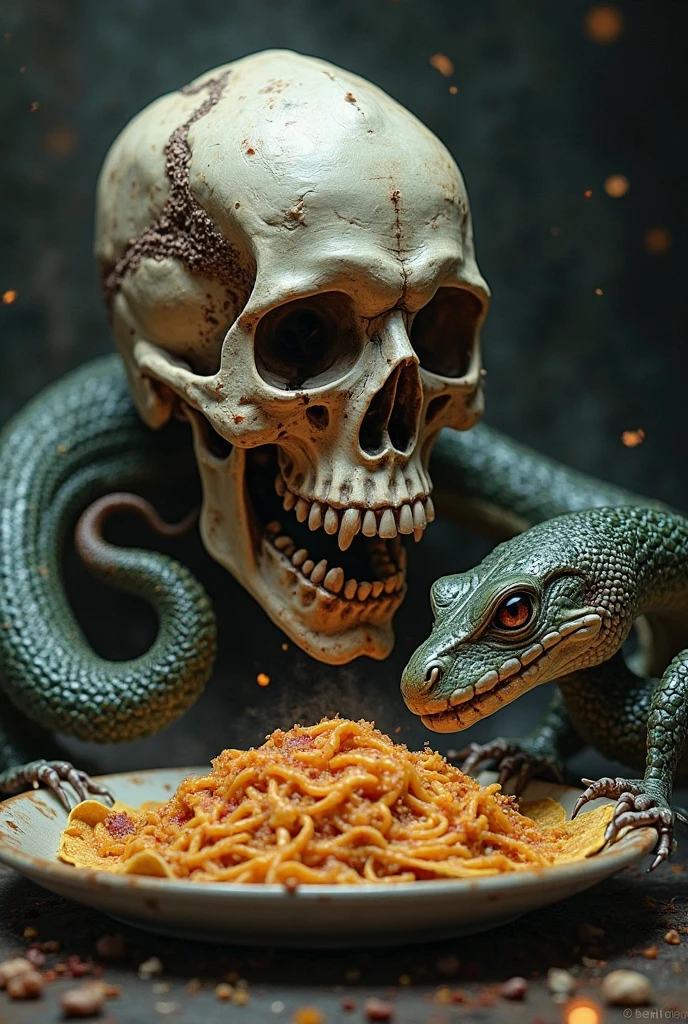 there is a snake sticking out of a pot with a skull in it, by Adam Marczyński, mix of venom and cthulhu, cup of death, as chefs inside cthulhu, portrait shot, alchemical still made from clay, boiling imagination in a bowl, hyper realistic fantasy monster, with the head of a snake, casting a spell on a potion