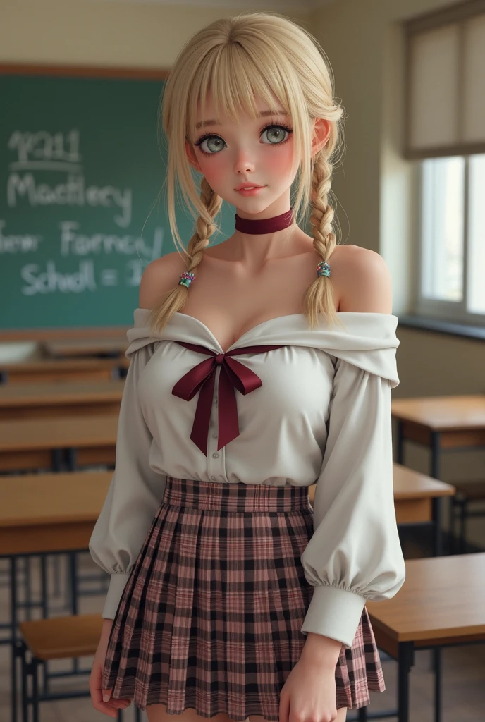 ((best quality)), ((masterpiece)), (detailed), 1girl best quality, portrait, ultra detailed, sexy school uniform, mini skirt, the wind lifting skirt a little up, pretty face, perfect anatomy, soil, pale skin, seductive, black long hair, wince, longeyelashes, green eyes, pink cheeks, red lips, light smile, ear blush, fang, big breast, Surrealism, drop shadow, anaglyph, stereogram, tachi-e, pov, atmospheric perspective, 8k, super detail, accurate, best quality, school, absurdres, high res, ultrasharp, 8K, masterpiece