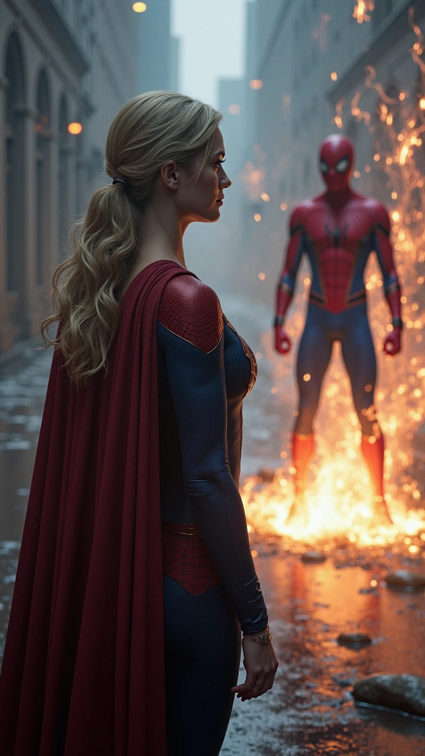 Supergirl trapped in a burning building, flames engulfing the surroundings, while Spider-Man bursts through a window, wrapping her in his web to shield her from the heat as they escape together.  "A 16K resolution image with ultra-high picture quality, ensuring sharp, crisp details and textures throughout. The image should have exceptional clarity, with vibrant, true-to-life colors and a high dynamic range. Lighting should be natural, enhancing depth and detail, with no noise or blurriness, even in the darkest areas.".