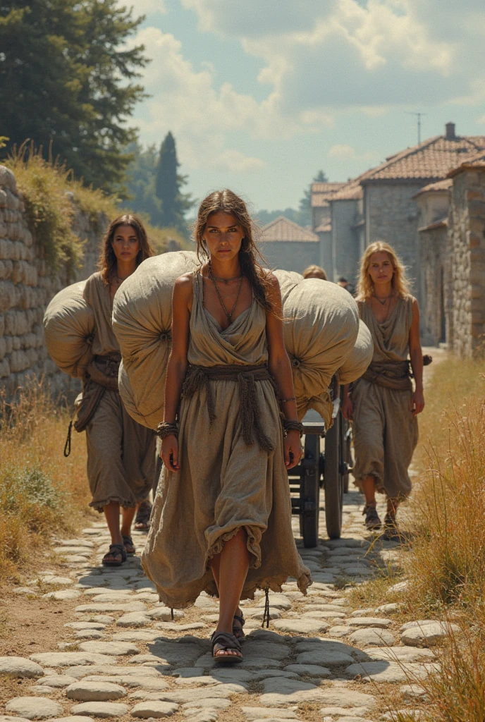 south of Italy, rural hinterland, summer heat, young slave women and girls from conquered barbarian tribes,slaves working in the field, sweat streaming down their tanned bodies, dirty, not washed for a long time, sweaty dressed in pathetic sackcloth rags barely covering their hips and ass, with huge cleavage revealing a woman's breasts, bare, sweaty, unwashed hair carelessly cut and tied in a ponytail or braided into a short braid, beautiful but exhausted by hard labor faces, stupefied from work, iron collars in the form of a riveted hoop around their necks, slave brands in the form of Latin letters "S" or "F" on their hips and shoulders, beaten and intimidated resigned to his fate.Hyperrealism, real photo, many details of costume, metal, fabric