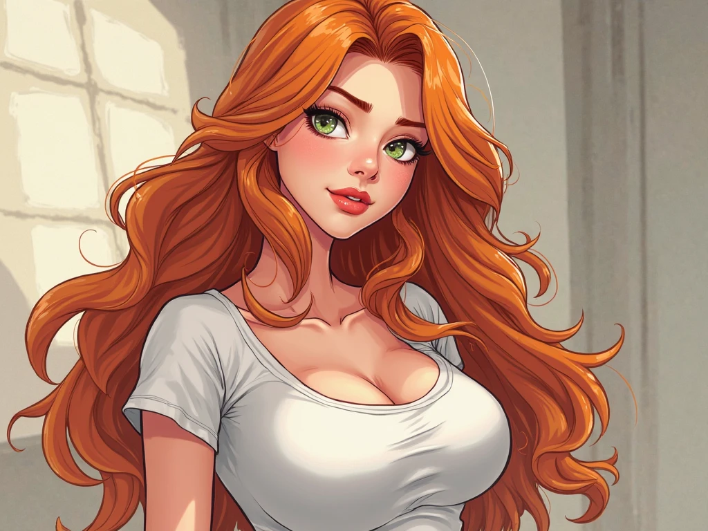 ultra detailed, masterpiece, best quality, 1 girl, long hair, blue eyes, red hair, big tits, detailed, lips,, short skirt