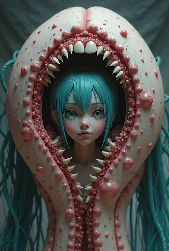 best quality, masterpiece, red hair, red eyes, bottom-up view, the look is directed at me, the camera shows eyelashes, upper body, naked girl, bioluminescent creatures, fighting fish, tentacles in the mouth, ahegao