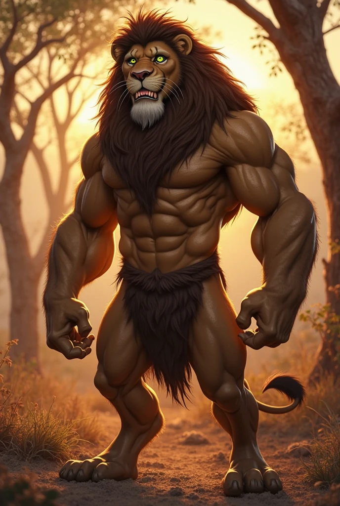 (non-human male lion), white body, white belly, sexy pose, muscular body, alone, kemono, thong, toothy smile,Clear eyes,first round