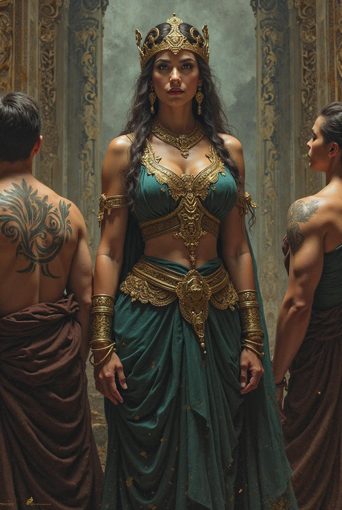 Women"Voluptuous and mysterious priestess meditating in an enchanting landscape near a waterfall, Dressed in a sacred robe and adorned with tattoos and piercings and an iron man helmet that covers her face, framed by a magnificent Hindu temple. The image is an ultra-realistic representation captured in stunning detail.."
