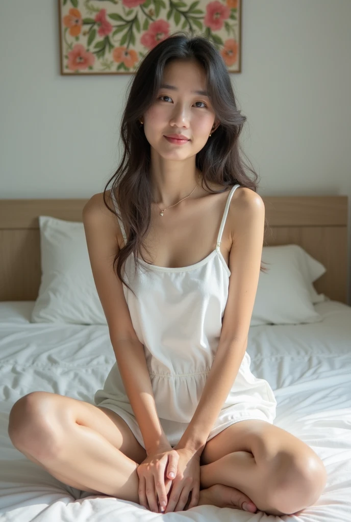 ((Extremely precise and accurate anatomy:1.0)), (photo Realistic:1.4), (hyper Realistic:1.4), (最高品質のRealisticな肌の質感:1.4), (Improvement of quality:1.4), (Enhances the beauty of skin texture:1.1), Clean and glowing skin, mesh, thin:1.2, (Realistic:1.3), Realisticなライティング, (Smoother lighting:1.05), (Improving the quality of cinema lighting:0.9), Backlight, A gentle light on your face, Ray Tracing, (Bright light:1.2), 32K, One Japanese woman, fine grain, Detailed face, (Film Grain:1.1),(Accentuates body lines:1.1), High resolution, Natural look, Kind eyes, Improves hair quality, Delicate light and shadow, Transparent muscles, Graceful pose, Beautiful Eyes, Sharp details, Soft light reflection, Beautiful contours, Delicate skin tone, Fine hair texture, Natural background, ,(((Downward))),((Spread your legs)),A loose-fitting camisole,barefoot,One Girl,Realistic,Bedroom、Looks sleepy