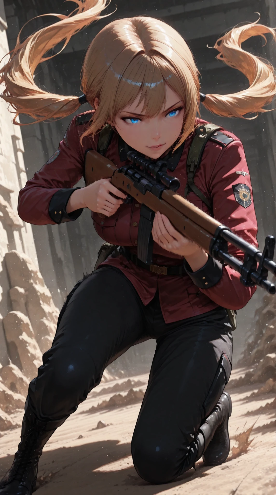 detailed face, (anime, masterpiece, intricate:1.3), (best quality, hires textures, high detail:1.2), (4k),(incredibly detailed:1.4),detailed eyes, realistic shadow,  1girl,female soldier,gold long hair, pigtails hair,detail eyes,iris,red military uniform, pants,Flat-soled military boots , pigtails hair ),in a dynamic motion,empire ,having a rifle ,motion blur,motion effects,(Glowing Contours)