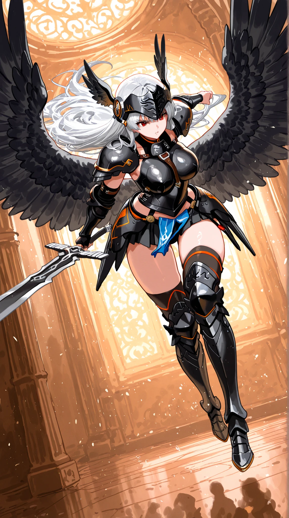4k,High resolution,one woman,White light blue hair,long hair,Braid,big breasts,swordsman,black leotard armor,Winged headgear,big sword,medieval town