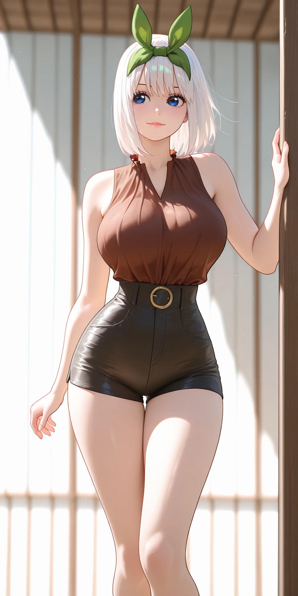 merula, full body, thighs, high heels, solo girl, medium tits, light grey bell pants