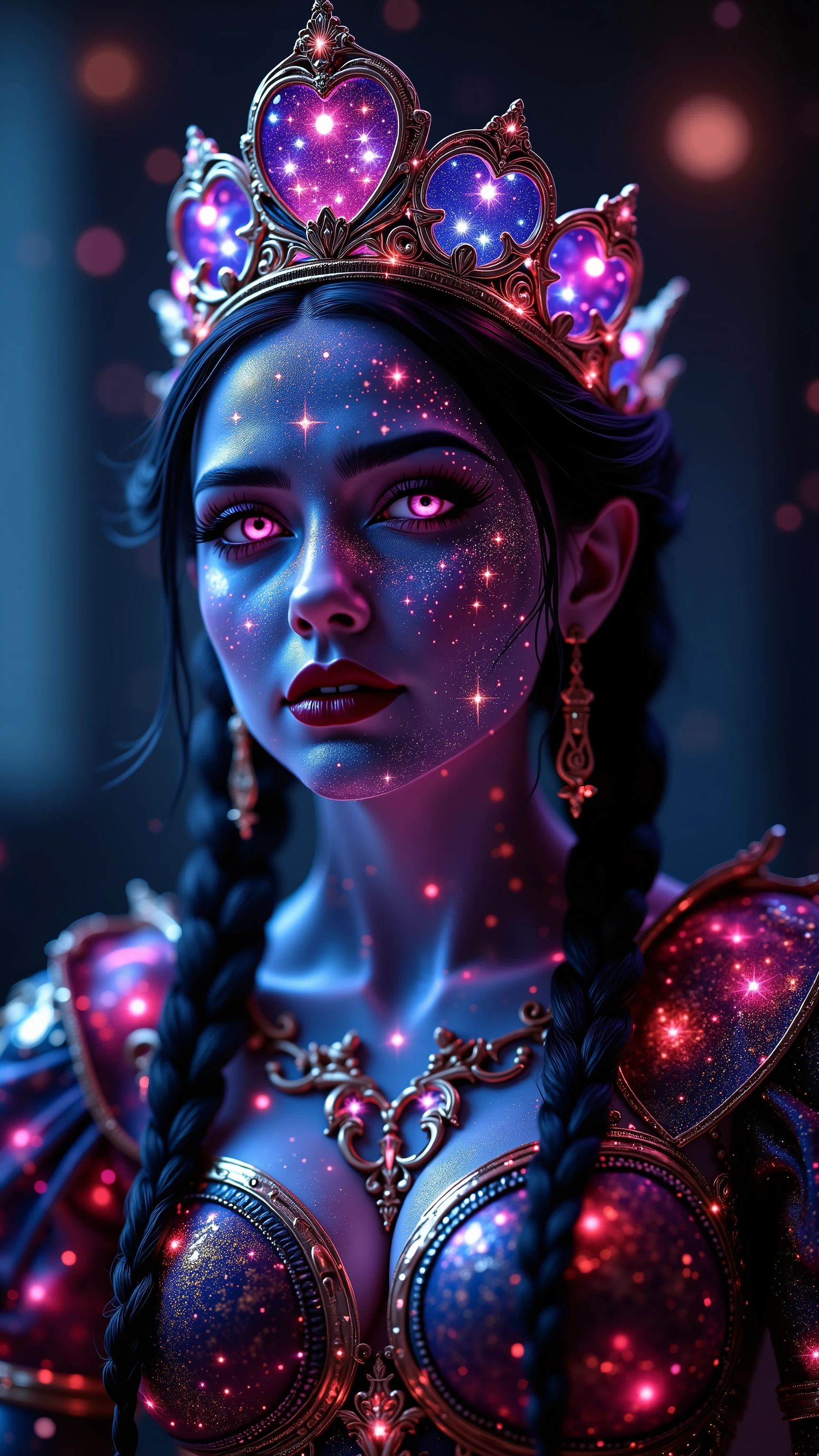 The Queen of Hearts playing card transforms into a 3D hologram that appears to be made of cosmic energy. As the Queen emerges, stars and galaxies swirl around her, creating a sense of traveling through the universe. The Queen's attire is adorned with celestial patterns, and her crown is a glowing star cluster. her hair is black and very long with 2 long braids, The hologram floats in front of you, with the background shifting through different cosmic scenes, from nebulae to black holes. Atmosphere: Perfect for space-themed events, science fiction conventions, or futuristic tech expos. 8k, high detail, masterpiece, sharp focus