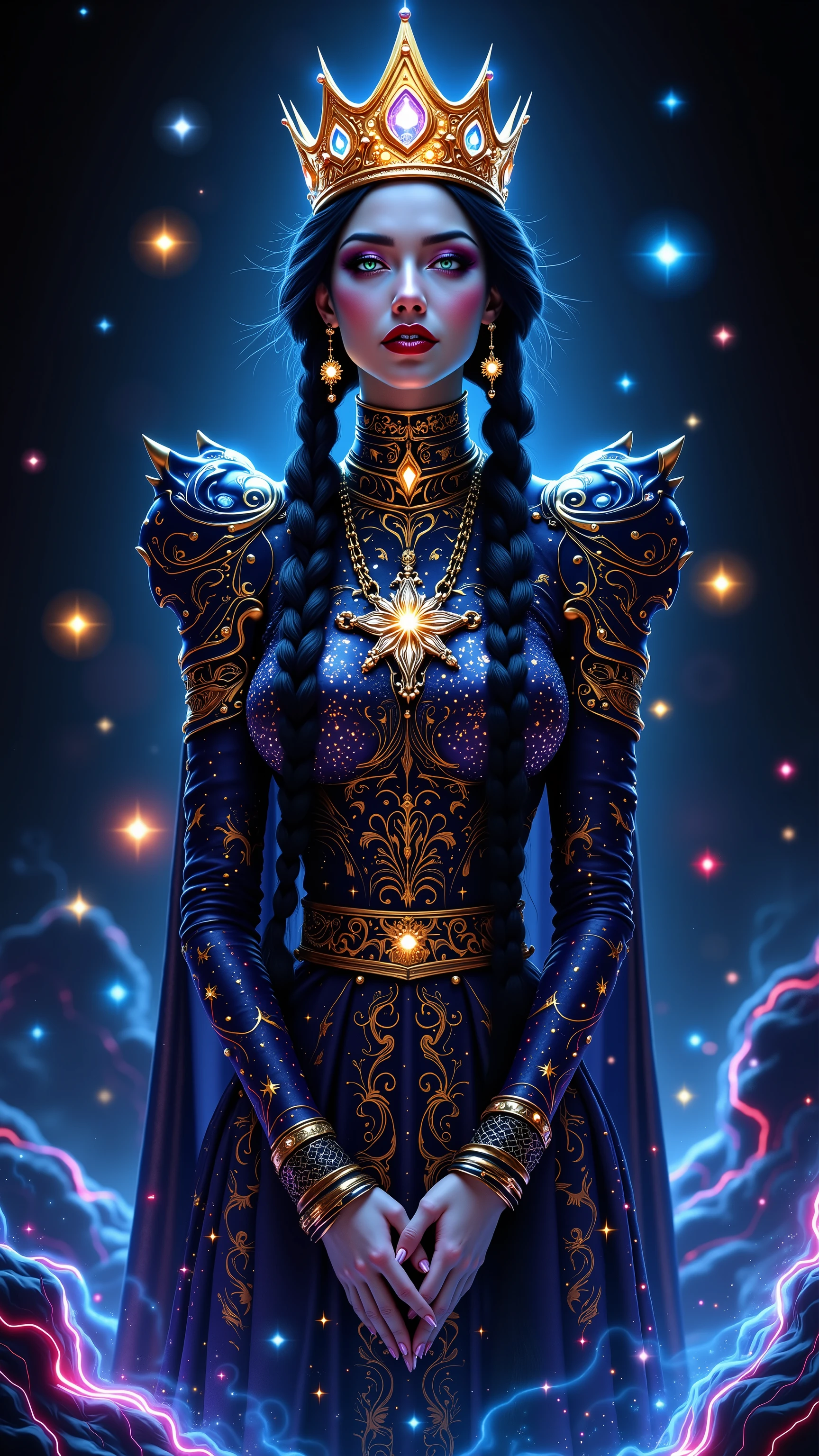 The Queen of Hearts playing card transforms into a 3D hologram that appears to be made of cosmic energy. As the Queen emerges, stars and galaxies swirl around her, creating a sense of traveling through the universe. The Queen's attire is adorned with celestial patterns, and her crown is a glowing star cluster. her hair is black and very long with 2 long braids, The hologram floats in front of you, with the background shifting through different cosmic scenes, from nebulae to black holes. Atmosphere: Perfect for space-themed events, science fiction conventions, or futuristic tech expos. 8k, high detail, masterpiece, sharp focus