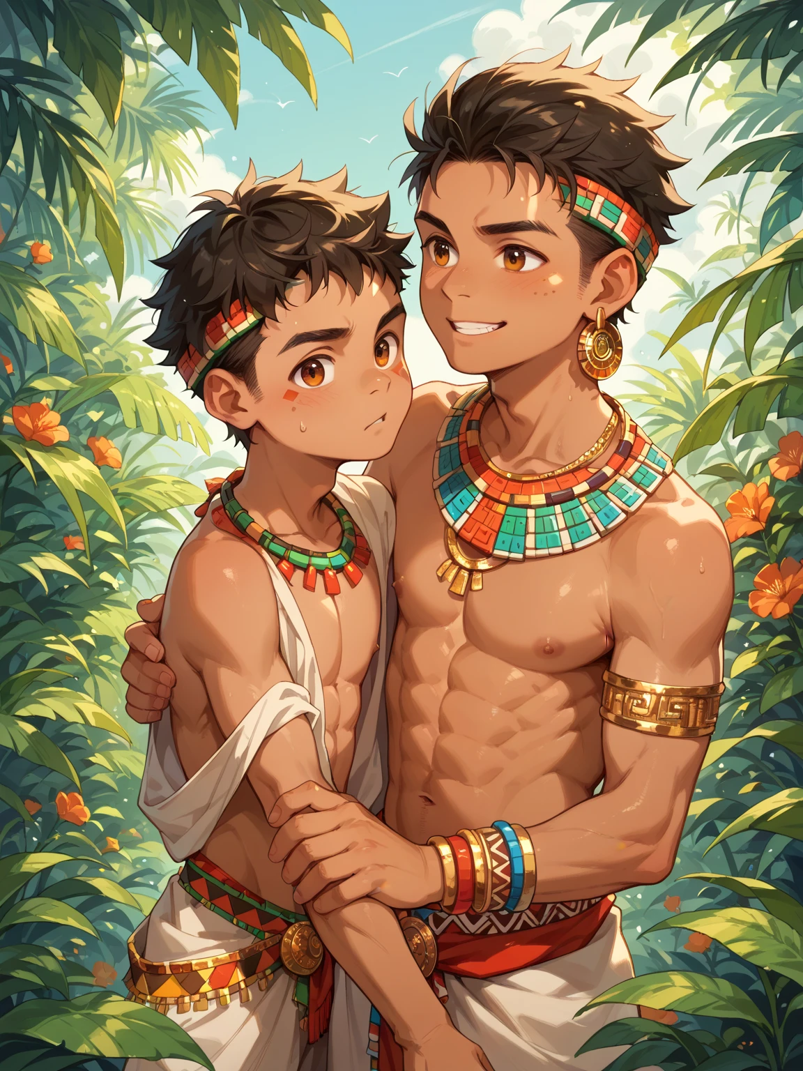 Small 2boys, Young_tender_Pharaohs, Sons of Egypt dunes, (boys_only) in Gold/Blue Thongs cute face, Divine body Tone, Skinny, Boyish, Young_looking, Enigmatic smile, Big Toned Butt, Outside_Bath (masterpiece), 4k, ultra detailed, mischievous pose, low angle, Back View, 
