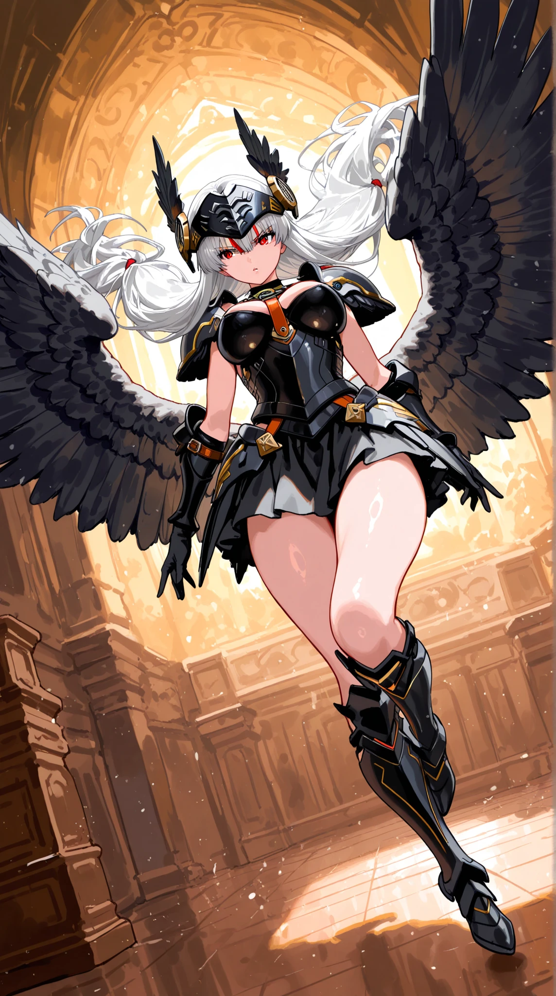 female, silver long hair, red eyes, tan skin, (((1girl))), (((red and black gladiator armor))), (red and black gladiator helmet), (gold jewelry), (black heeled sandals), cute and sexy, large breasts, large butt, full body, long legs, smiling, black angel wings on back