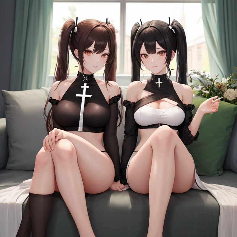 ((masterpiece, best quality, ultra quality, high quality, hyper detailed, intricate detailed, perfect anatomy, shiny skin)), ((upper body:1.2)), (three women are posing for a camera:1.4), (indoors, bed, pillow:1.2), (Lift up your camisole), (full nude:1.4), (smile, shy, red cheek, blush:1.2), (Open your mouth:1.6), (Stand in line) , brown hair, blond hair, navel, jewelry, looking at viewer, necklace, long hair, short hair, Abdominal muscles, straight hair, bob cut, blunt bangs, silky hair, hair clip, hair band, hair ribbon, one-length haircut, ducktail, outward curled hair, French twist hair, twintails, side ponytail, single braid, wavy hair,