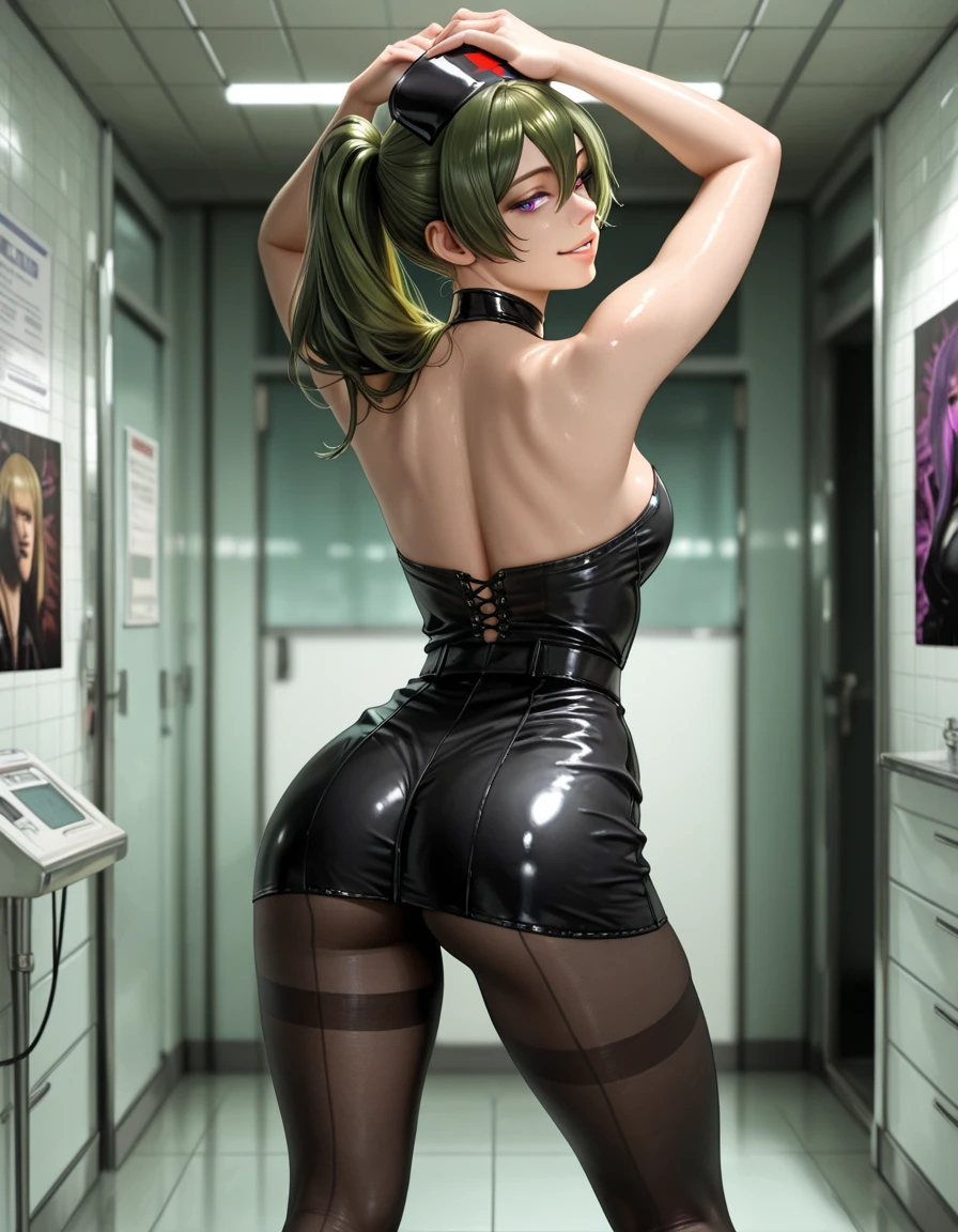 (Best quality,4K,8K,A high resolution,Masterpiece:1.2),Ultra-detailed,(Realistic,Photorealistic,photo-realistic:1.37),hdr,hyper HD,Studio lighting,Ultra-fine painting,Sharp focus,Physically-based rendering,Extreme detail description,professional,Vivid colors,Bokeh,sportrait,landscape,Horror,anime big breast,Sci-fi,Photography,Concept artist,Five fingers,small tits,Slim figure, Dirt and long legs,Short green hair ponytail,35-year-old mature woman,Wearing glasses,height 162cm, Fair skin,Bored expression, Rest at home,In a space full of computers,Full body view,Cospaly Promotion,All roles,Shot with Canon 5D MK4,Cospali photo.