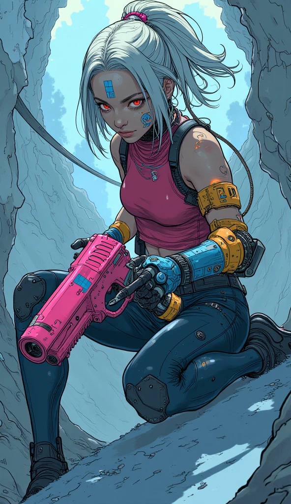 A young girl with cyberpunk aesthetics, comic style, beautiful ((whole body)) wide trousers, Waders, an arm holding a futuristic weapon, frontal, cara muy beautiful, Muted colors, Soft colors, powerful shocking, actual, Casual, Digital paint, digital portrait, An ultra-fine and detailed painting, moebius style, jean giraud, wet floor reflections
