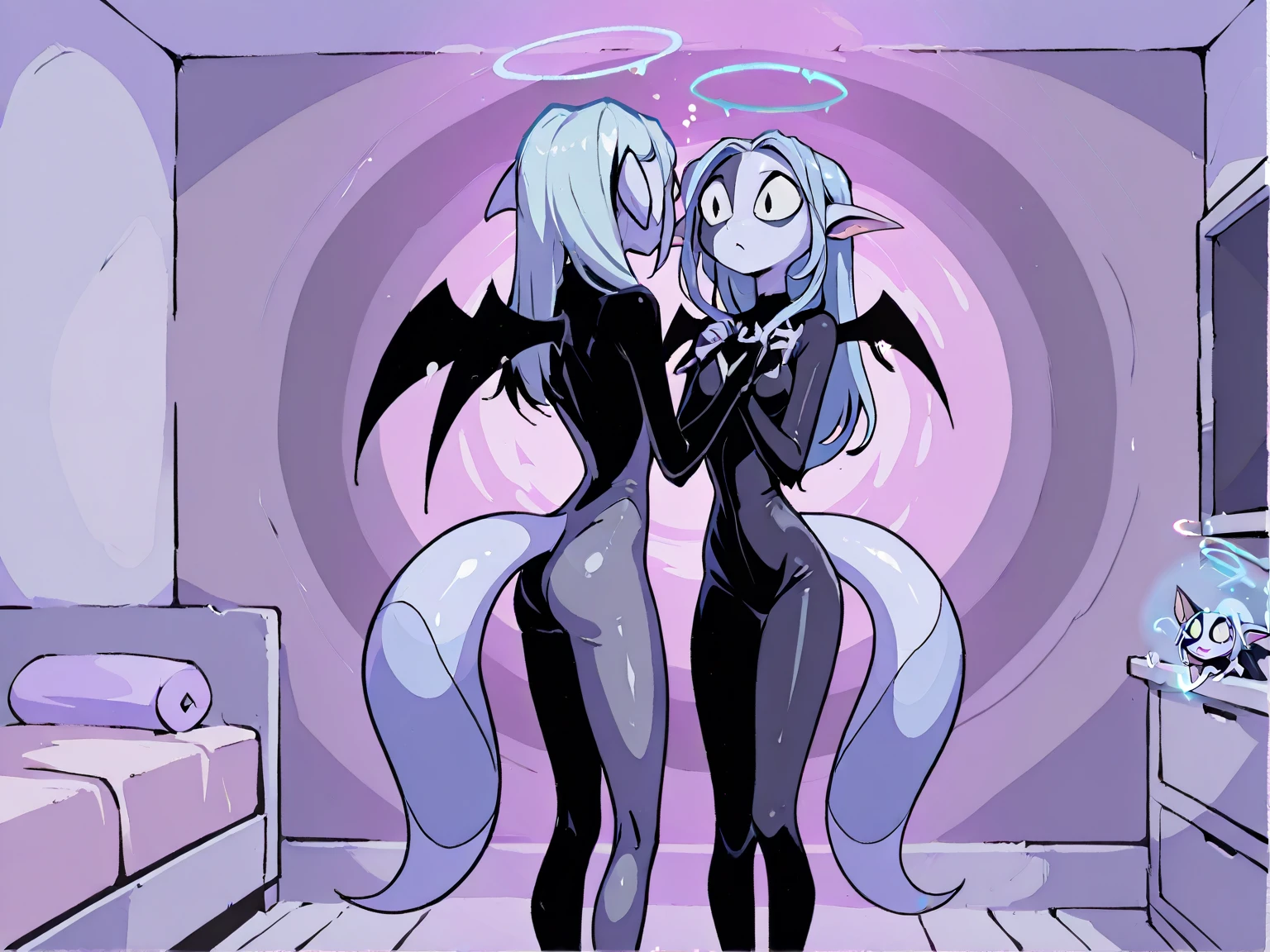 An adorable succubus (Kate Mara (age 25) violet skin, mega twintails, twin scorpion tails, tattoos, leathery bat wings, flirting, golden body jewelry, safe for work), in the bedroom