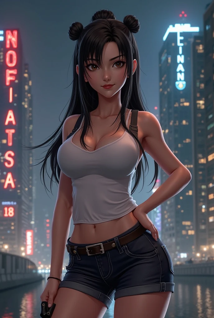 (Master piece), 4k quality, best quality, beatifull girl, girl whit a black purple hair, pony tail, whearing a sport gear, tank top, short, looking at the viewer, dinamic pose, perfect body, big breast, big butt, thick, toned, muscle, big hips, full body view ,perfect bodies,beautiful detailed eyes, extremely detailed face, perfect lighting, in the night, city,