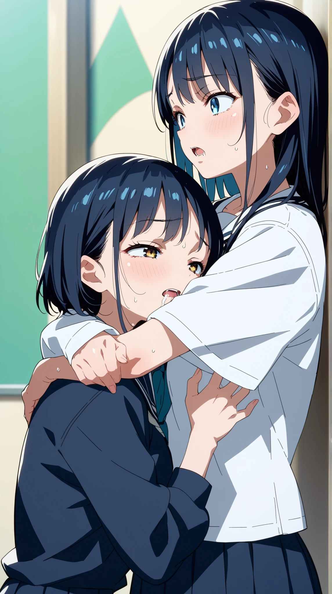 nsfw,,fellatio, females sucking a penis side by side,(tanned females:1.2),2females, (black hair),short hair,bukkake on face,,white dress shirt,pleated checked skirt,look up,(blushed:1.2),trembling,(adult curvy females:1.1),bukkake on face,changing room