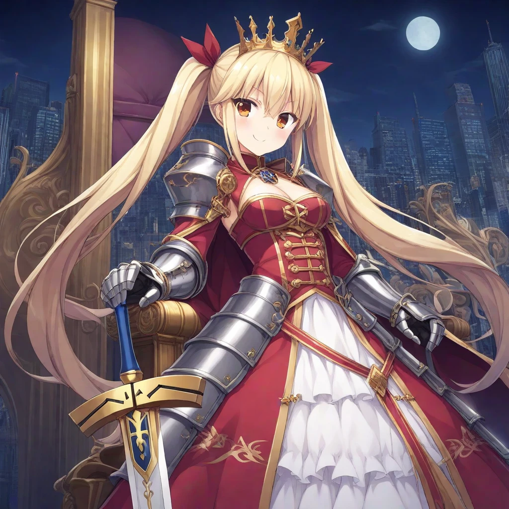 A woman wearing heavy silver armor, big breast, long red fur cape, with a crown on her head, crown with sapphires and rubies, blonde hair, long hair, red eyes, smiling, holding a silver sword, on an outside of a castle, Several heavy knights postured around, medieval aesthetic...UHD , prime work , accurate , anatomically correct , textured skin , super details , high quality , best quality, 8k, high resolution, bokeh effect. (woman alone)