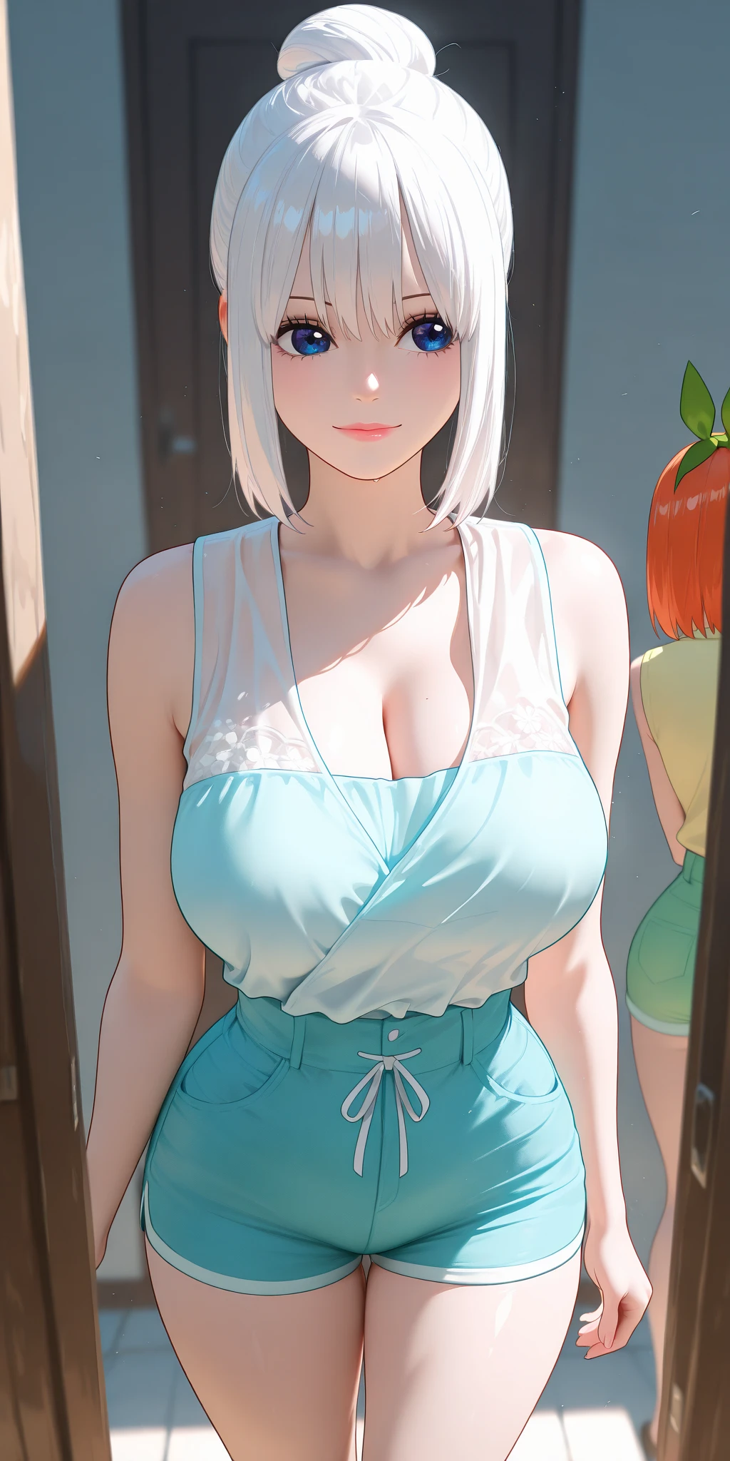 (Highest quality、Tabletop、8k、Best image quality、Award-winning works)、One beautiful woman、Age 25、(alone:1.1)、Perfect beautiful composition、(Big and ample breasts:1.3)、Exactly、(Accentuate your body lines:1.1)、( Berry short cut hair:1.1)、(White dress:1.2)、(Full body photo:1.1)、Look at me and smile、(Strongly blurred accurate apartment entrance background:1.1)、Glamorous Body、Big Breasts、No bra、slouch、Droopy eyes、Natural Makeup、Ultra-high definition beauty face、Ultra HD Hair、Ultra HD Shining Eyes、Ultra-high quality glossy lips、Accurate anatomy、(very bright and vivid:1.3)、Touching a man's crotch、nsfw