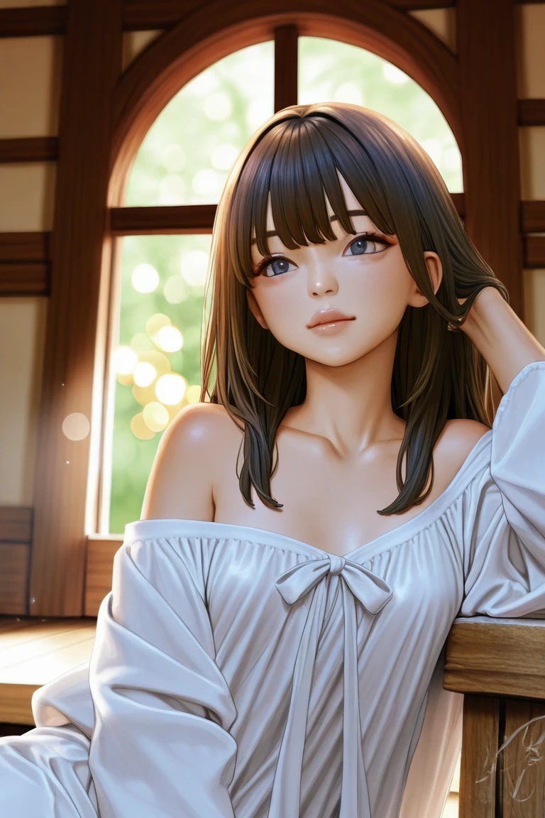 Ultra-high resolution, (Realistic: 1.4), RAW Photos, Highest quality, (Photorealisticistic), concentrated, Soft Light, ((30 years old)), ((Japanese)), (front, Young Face))), (Depth of written boundary), (one piece), masterpiece, (Photorealistic), woman, bangs, (( Off-the-shoulder tops, Bedroom, 1 Girl))