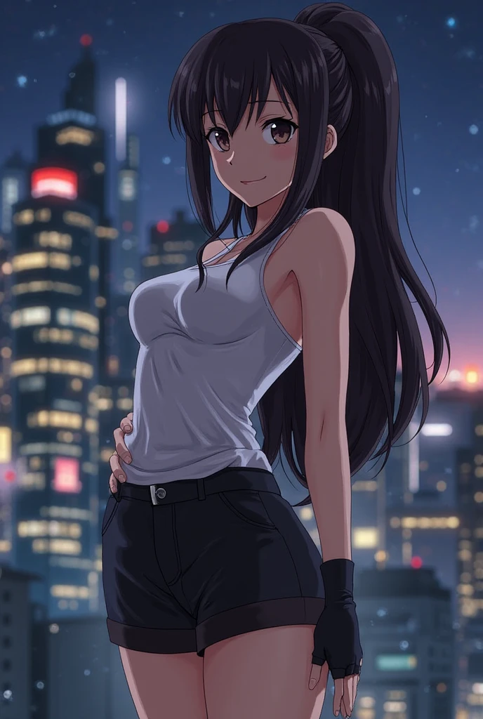  (High resolution:1.4), (masutepiece:1.2), (High quality:1.3) 1girl, saten ruiko, green eyes, long hair, black hair, small breast, tank top, hot pants, cinematic lighting,  pov, grin, dynamic angle, 