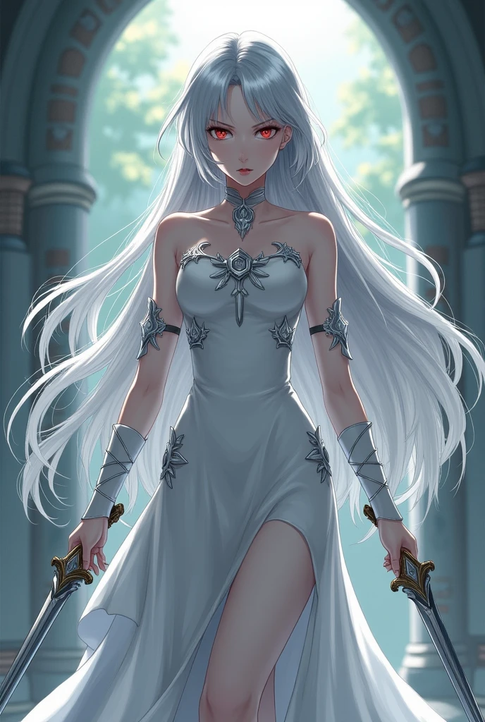 Long white hair , grey eyes, fair skin,scythe, detailed hair, detailed eyes,detailed body,long shot, best quality, high resolution, 8k