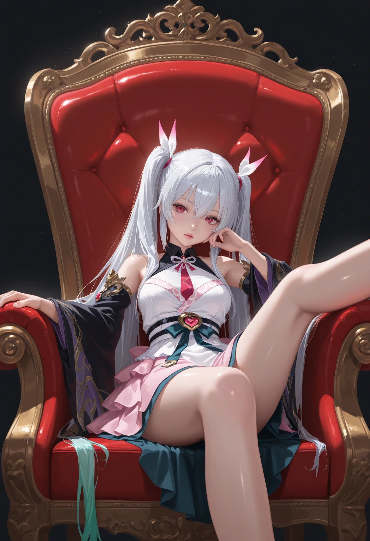 Silver hair, pink eyes, body, cat ears, sexy girl, earrings, background fantasy, red gold dress uniform, hair bows, sit down