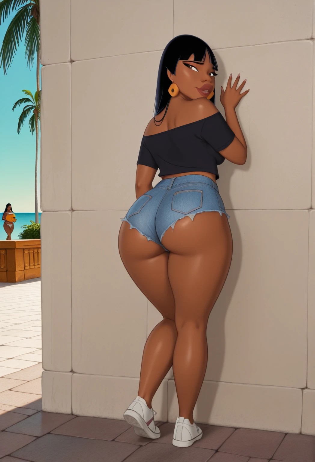 ((character concept art)), ((character design sheet, same person, multiple pose, rear view)),(full body view),(adult MILF), Solo, old woman, Tall stature, like african elderly woman, (voluptuous:1.3), (swimsuit), goddess, big eyes, black skin, oiled skin, tan lines, full lips, gloss pink lipstick, curly short hair, seductive face, blushing, seductive standing pose, thick thighs, (tropical beach at sunset)
