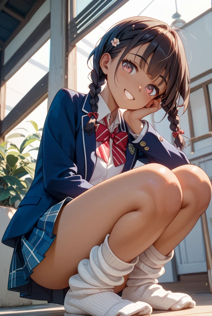 absurderes:1.8, ((beautiful clear eyes, sitting, outdoor, twin braids, arms behind back:1.3, from below:1.4, spread legs)), ((school uniform, blazer, skirt、socks, loafers、showing panties, panties emphasis:1.6, white panties:1.4,))、(1woman), Unity 8K Wallpaper, Masterpiece, detailed hair, highly detailed, , (seductive smile), (blush:1.3)