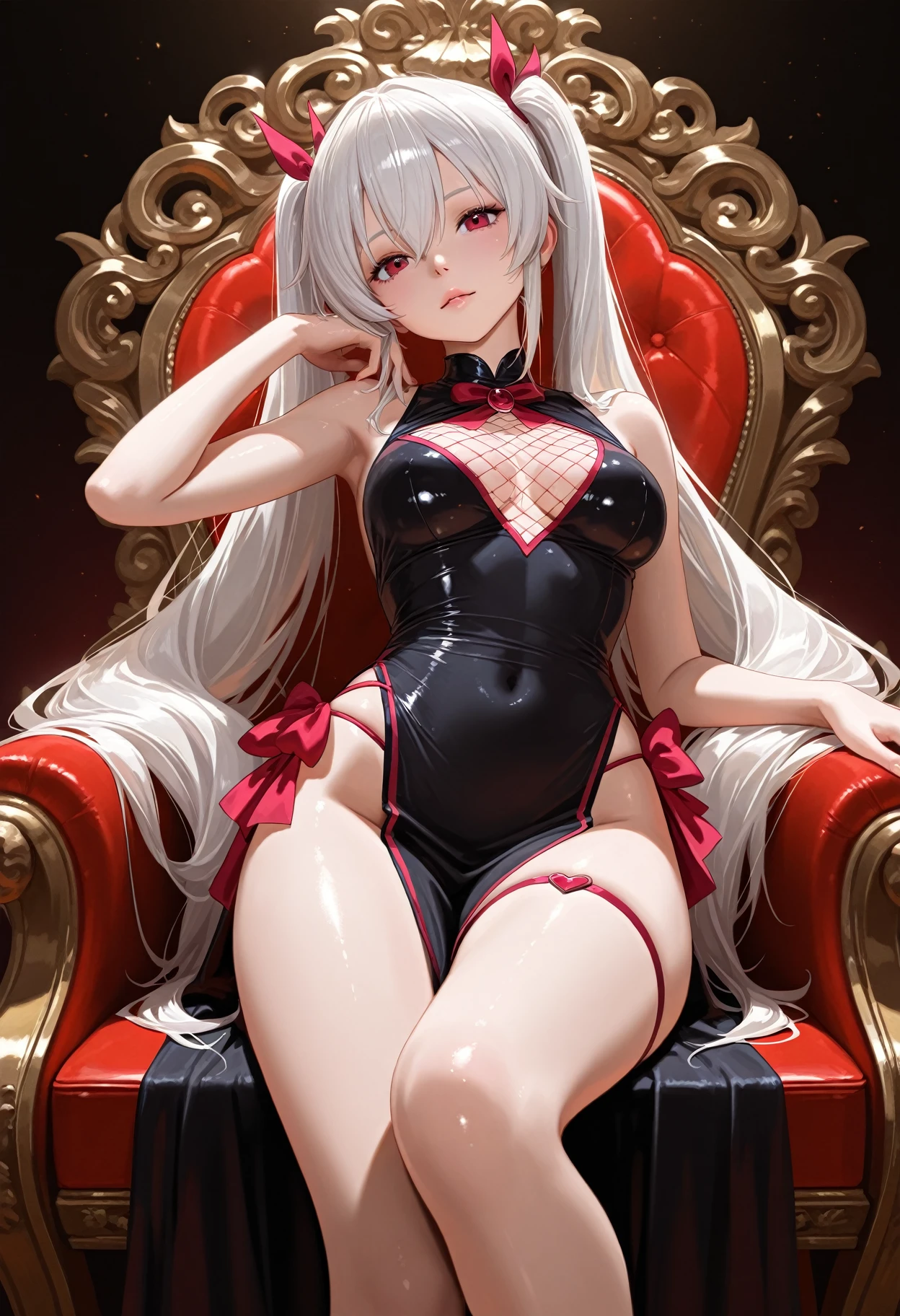 score_9, score_8_up, source_anime, masterpiece, absurdres, (big breasts:0.3), mature woman, perfect face, 1girl, cute expression, smiling, looking at viewer, sitting, chair, long hair, bangs, blue eyes, ahoge, gray hair, red ribbon, bare shoulders, black pantyhose:1.3, bowtie:1.3, rabbit ears:1.3, red leotard:1.3, wrist cuffs, strapless, detached collar, fake animal ears, playboy bunny, black bowtie