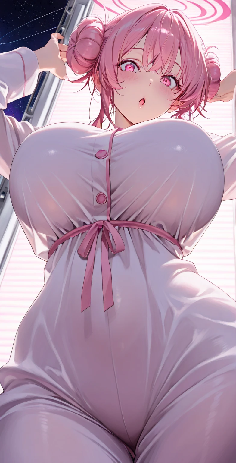 (Masterpiece, BestQuality:1.3), (ultra detailed:1.2), (hyperrealistic:1.3), (RAW photo:1.2), High detail RAW color photo, professional photograph, (Photorealistic:1.4), (realistic:1.4), (Pink Hair:1.5), professional lighting, perfect anatomy, (Big Breasts:1.2), (blush, detailed face), (A happy smile:1.7), Trending Hair&Trending Hairカラーをランダムに, earrings, necklace, bracelet, sexly, erotic sexly, Random sexy gravure poses, (A beautiful woman in a white silk robe、Smiling provocatively in the bathroom mirror。In a ponytail、With hands on hips, she began to take off her robe.、A sexy pose with her chest exposed and her lips lightly licked。:1.3)