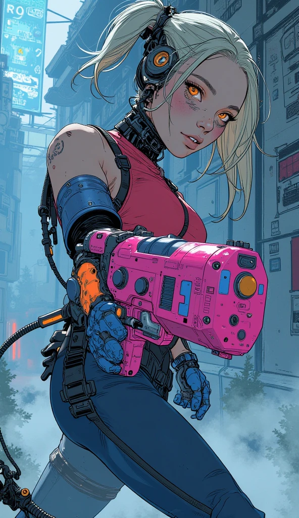 cyberpunk gunsmith in her workshop, huge breasts, a little dirty, punk haircut, blonde, strong