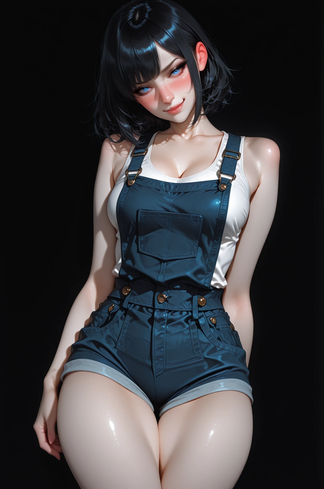 8K, Top Quality, Intricate Details, Ultra Detail, Ultra High Resolution, Masterpiece, close up shot, , (full body: 1.1), Slender, Smile, (Makeup: 0.4), (( )), (Fluffy purple Eyes: 1.21), ((sexy pose )), ((purple eyes)), 1girl, solo, 1 girl, ((green hair, bangs, very long hair, high ponytail)), close up shot, , ((tall)), (((fit body))), (((slim face))), sharp face, ((, ,)) , (detailed face), sharp face, small lips,(()), ((,open mini vest, torn denim, denim mini short )), , (()), detailed face, detailed breast, large breast ,huge breast, ((detailed nipples)), detail ass, Narrow Waist, Skinny, tall , 175 cm tall, Muscular, Navel, Exposed Abdomen, Pointed Chest,, Beautiful girl with accentuated slender abs: 1.4, Six Pack Abs: 1.4, Bust Botox, Big, Perfect Body, detail leg, (( dark background)), black background,