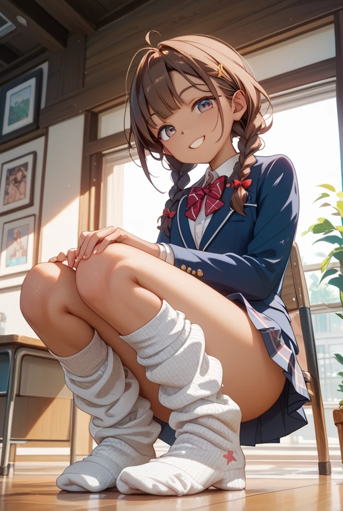 ((masterpiece, Highest quality, High resolution, 超High resolution, Pixel Perfect, Written boundary depth, 4K, RTTX 10.0, Human Development Report))), 1 girl, single, alone, beauty、View the whole body、 ((Long Hair, Short Liuhai, Reddish brown hair)), ((blue eyes, Beautiful eyelashes, Realistic eyes)), ((Detailed face, blush:1.2)), ((Smooth texture:0.75, Vibrant texture:0.65, Vibrant:1.1, Anime CG style)), Medium chest, Perfect body, smile, attractive way to sit, Brewing tea in a teapot, (The wind makes my hair flutter,Exposing shoulders、Expose the chest) , It snows heavily at night、(((Showing panties:1.3)))、M-shaped legs:1.4 Highest, masterpiece, High resolution, (Head to toe full body view), front, frontComposition from slightly below, Symmetric, Tall 1 girl, alone, (Head to toe), (Small breasts), Unkempt brown hair,(White luxury lingerie), (Sit with your legs apart), (Crouching pose), (白いShowing panties構図), (Her legs were spread、I see your white pants.), (I was made to sit on the floor with my legs spread...),((((M-shaped legs:1.4))))
, Thin legs, A very beautiful and tall 1 girl, (No shoes), blush, Shy big eyes, looking at the camera, (((Blazer Uniform, Checkered Pleated Skirt)))、((Vulgarity)),