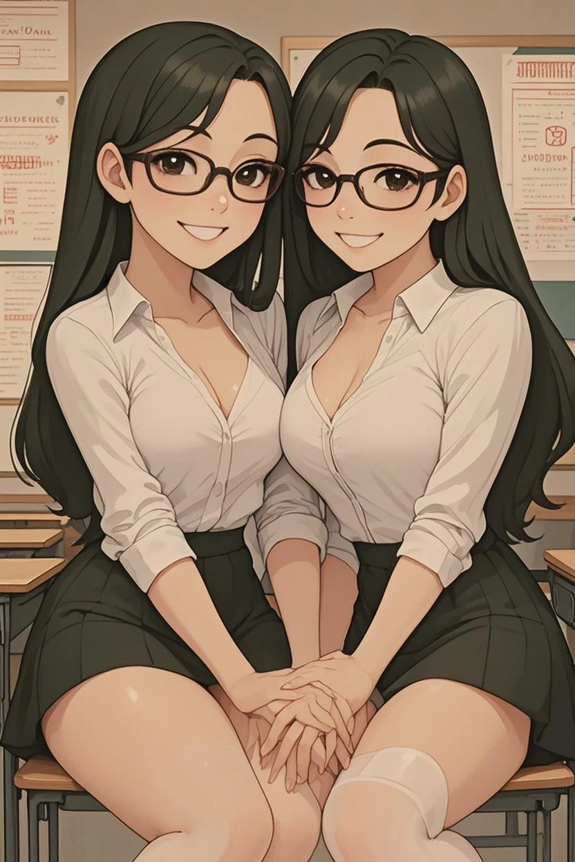 2heads, a tall chubby woman with 2 heads. She is wearing business attire. She is in an executive office. Straddling viewer, having sex with viewer. She looks nerdy. Large circular glasses. She is smiling wide. She looks drunk. She has messy hair. She is very tall and chubby. She looks young. Blushing, aroused. Drunk, intoxicated.