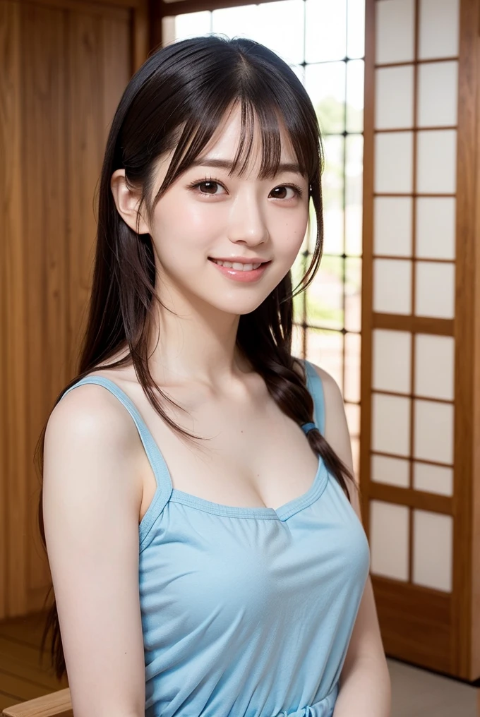 masterpiece, best quality, Surreal, Ultra Detailed, 8k resolution, RAW photos, Clear focus, (A girl in the forest),Asian woman in a blue top and white shorts posing for a photo,Breast augmentation， Full body posture, Solitary, Perfect body, Become a, 32 inches in the chest,(a charming smile:1), (sexy pose)，26 years old, light,White shoes，Nozomi Takemura, Oka Yasumoto, Chiho, Ogata Aoi, Motto Cave, Yoshitomo Nara, Kakinuchi Megumi, Harumi, Kojima De Ami, Beichuan Marin