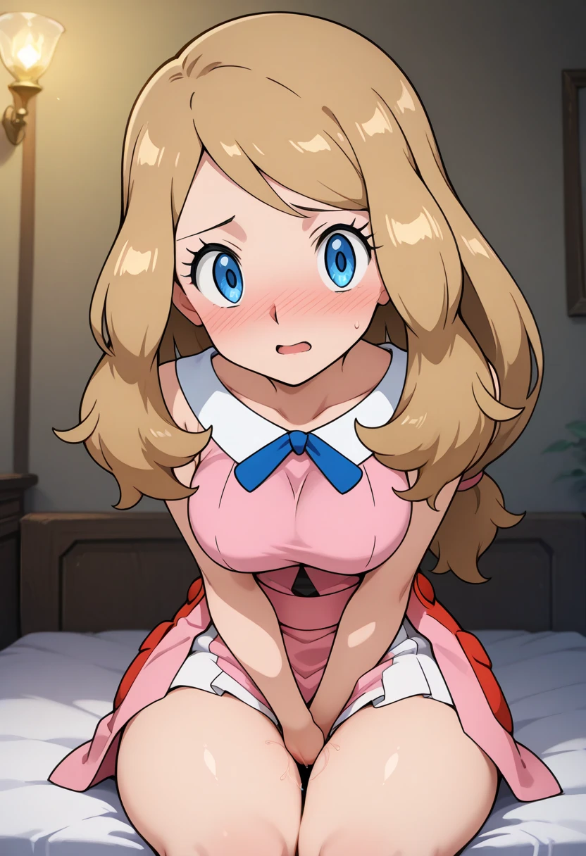 ((最high quality, High resolution)), Unity 8K wallpaper, (figure:0.8), ((Hollow Eyes:1.6)), Highly detailed CG, Night Time, One girl, (blush), Medium chest, A light smile, (Love Hotel:1.3,Love bed,Sit on the bed), Clear skin, ((Expressionless)), (masterpiece), wallpaper,high resolution,Bed with a night view,Intricate details, beautiful, sexly, erotic, Obscene, Noise Reduction,sensuous,Seductive pose,Cute anime face,choker,high quality,(Anime Style),sexuell,Shiny Hair,Blonde Hair,(Hollow Eyes),(Mind control,brainwashing,Hypnosis),((Open Bust、Nipples、areola、Beautifully Shaped Breasts)),(sexlyな紫色のボディコンドレス),(From above:1.6), (Put your arms behind your back:1.4) , (look up:1.4), eye contact, (Obedient:1.6) ,Obedient outfits, Kneel, blowjob, Sitting on knees, Spread your thighs,(Voice of the Heart、Happy,heart)