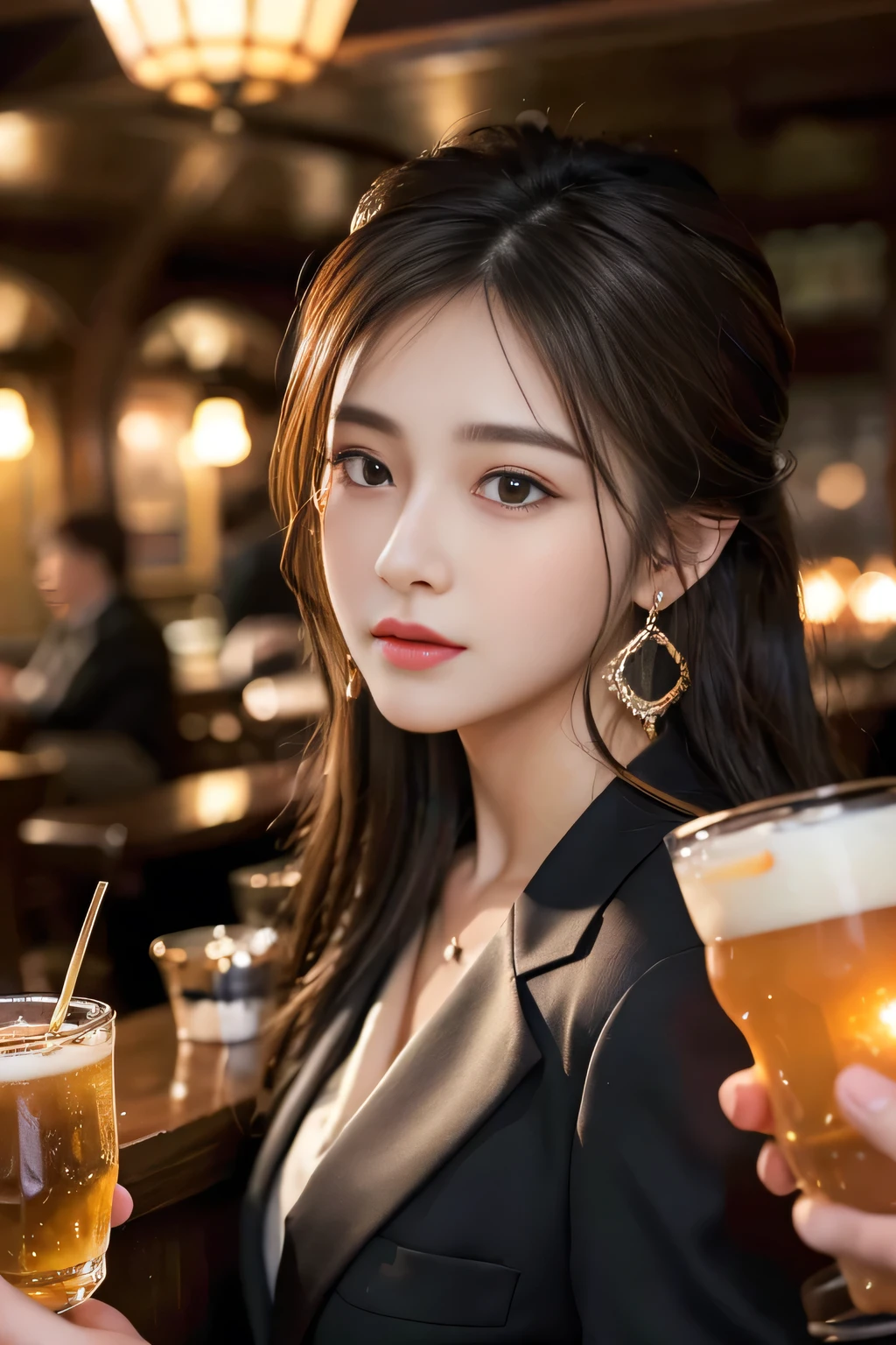 masterpiece, highest quality, Realistic, Very detailed, Finer details, High resolution, 8k wallpaper, One beautiful woman, Wear a black see-through shirt, In a great pub restaurant, At night, Light brown messy hair, Perfect dynamic composition, Beautiful and beautiful eyes、Big earrings