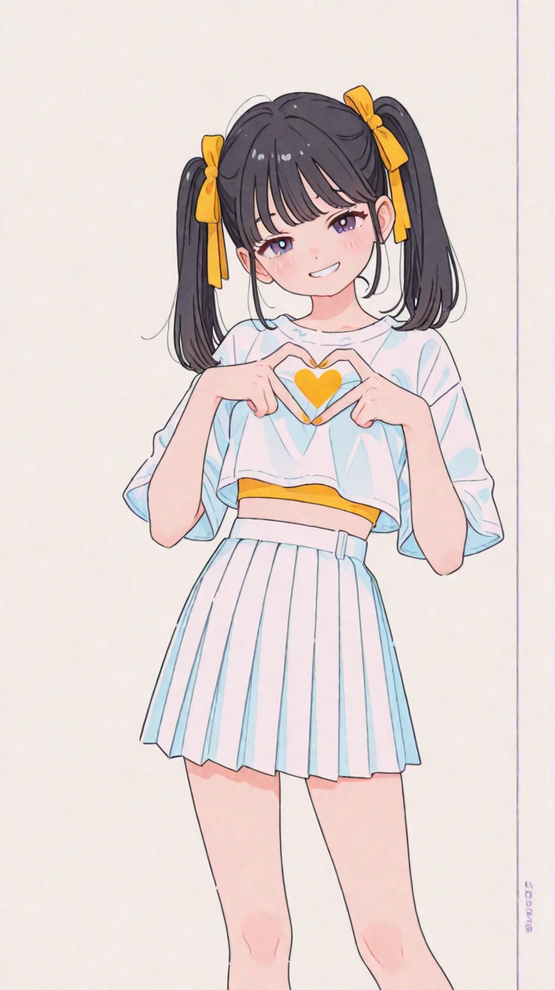 1girl, minimalist line-art,  A young beautiful woman 18years poses cheerfully in a two-tone bright yellow and white outfit, consisting of a cropped top and a pleated skirt. She has long twintails, black hair and wears a matching yellow ribbon.. With a beaming smile, she forms a heart shape with her hands, standing in front of a Mercedes-Benz 190E 2.5-16 Evolution II., masterpiece, best quality,4K resolution, ultra details