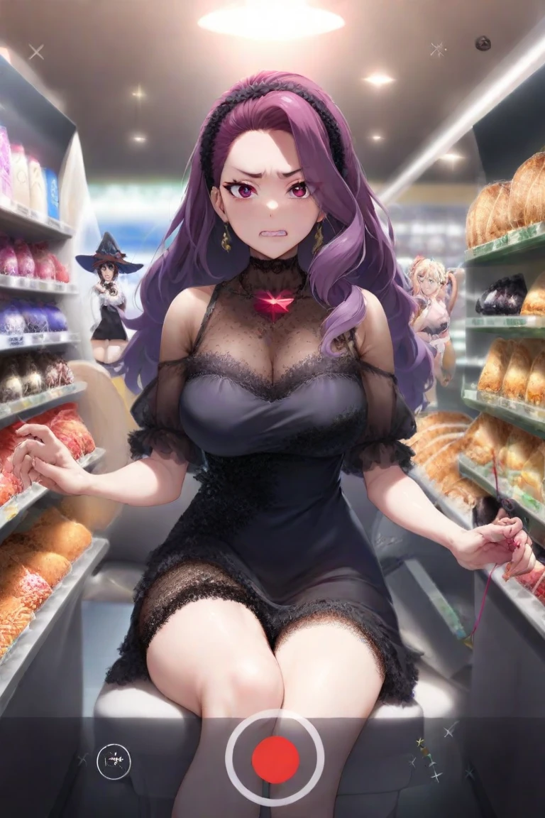 beautiful woman, Whole body, dark purple hair, Long hair, split pompadour, red necklace, blue eyes, ELEGANT DRESS, bare legs, bare arms, sitting on the floor, one knee on the chest, bottom, super market department store.