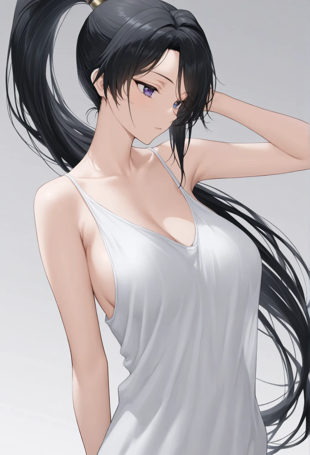 a drawing of a woman with long black hair and a white shirt, side boob, heavy gesture style , flat anime style shading, full body illustration, extra detail, clean detailed anime style, wearing a white tanktop, wearing tanktop, thick border lines --auto --s2