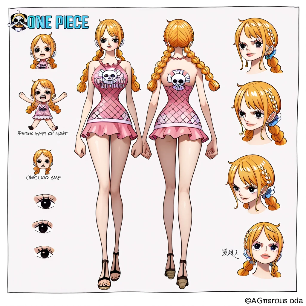 ((Best Quality)), ((Masterpiece)), (((detailed character sheet, frontal view, side view, three quarter view))) white background、one piece、US、whole body、whole bodyイラスト、whole bodyアニメーション、whole bodyリファレンスシート、High heels、Swimwear、比基尼、original、New World、Long Hair、Orange Hair、Tattoo on left arm、Ring belt、Heighten your head、smile、Cute face、Big Breasts、Narrow waist、Long legs、Beautiful feet、8 heads tall、thong、Detailed face