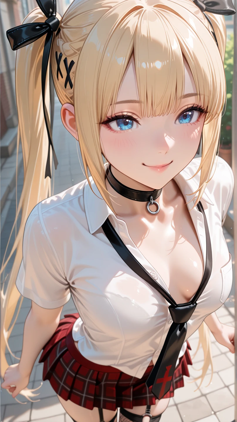 1girl,solo,Marie Rose,dead or alive inserted into,Upper body angle, blond hair, blue eyes,black bow, twin tails,hair bow, x Hair Ornament, black choker, White Shirt, dress shirt, Short sleeve, black tie,  Loose Ties, red miniskirt standing in the garden, plaid mini skirt, pleated skirt, fishnet tights,black tie,black thigh high socks, garter ( top quality:1.2),ultra high definition,very detailed,8k、Smile Yan,high definition、complete anatomy、correct number of fingers、walking around town