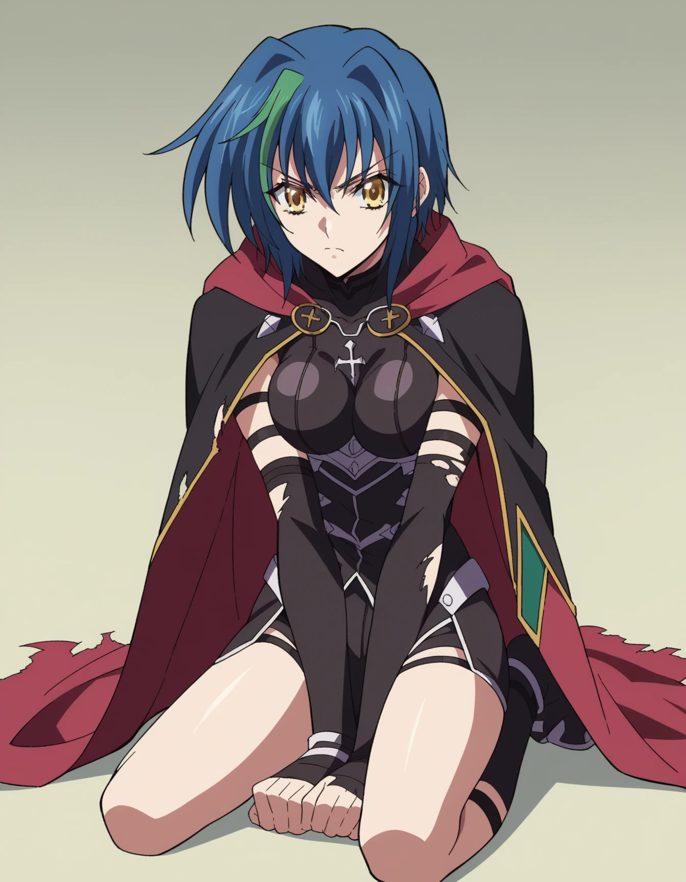 "(masterpiece:1.1), best quality, 
1girl, (80s anime style:1.4), (eyelashes:1.5),
(intricate high detailed body:1.2), 
blue hair, 
(hair over one eye:1.1),(short hair:1.1), (nun wimple:1.2), 
purple eyes, 
(tan skin:1.3), (muscular body:1.2), (small breasts, flat chest:1.1), 
expressionless, 
(fishnet leotard armor, cleavage cutout:1.2), 
(knight armor, armored boots, capelet:1.2), (frill:1.1), (streaked hair:1.2), bracelet, 
standing, arms behind back, 
(upper body, looking at viewer, from front:1.1),
(daytime, grassland,  outdoors:1.1)"