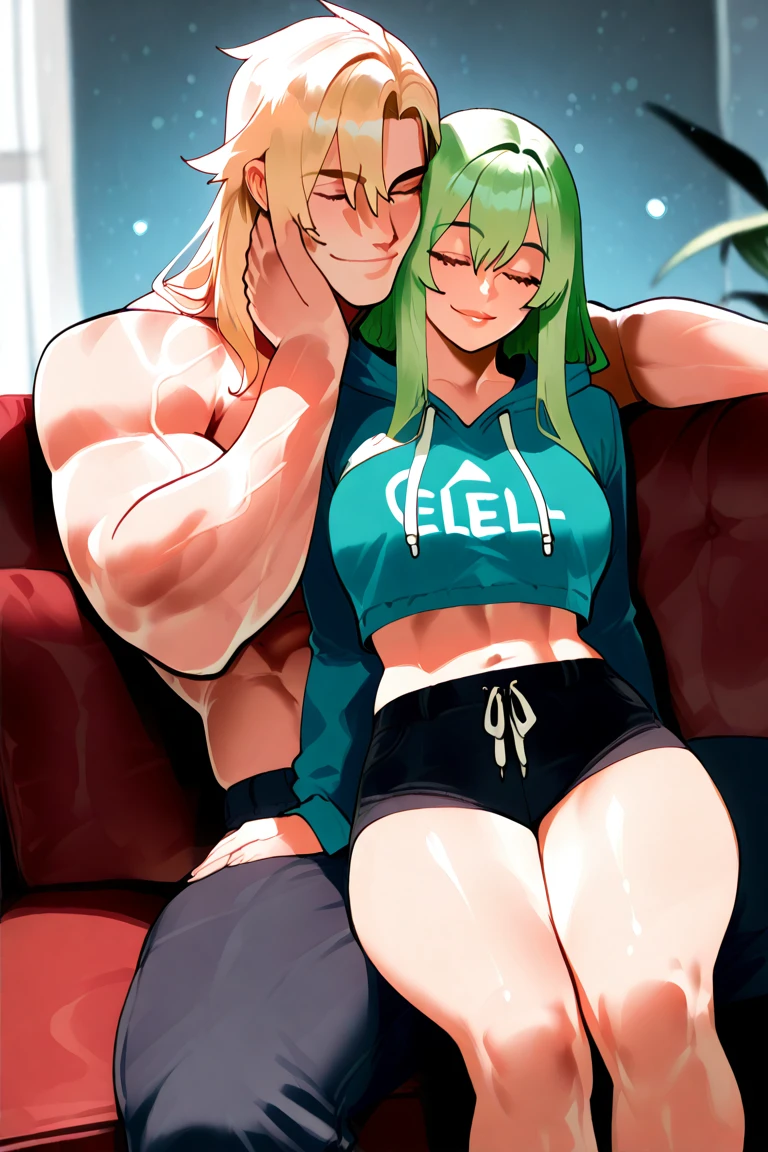 1boy, 1girl, abs, (ass grab), ((lace bra)), blush, breasts, ??????????, hetero, , table, ???, indoors, lens flare, windows, smile, hanging motion lines,curvy,nude,green hair,green eyes,masterpiece,ahegao