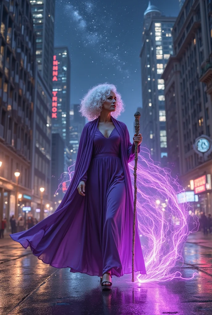 a tornado touching down in a shopping center, people running, lightning coming out of a 30 year old gothic black woman floating in a busy city, wearing a gothic dress, red eyes, white hair, purple aura, atmospheric lightning, dramatic purple lightning, wind, head tilt, expressive hair, thin legs, people fleeing from the busy streets, dark clouds, numerous purple lightning bolts shooting from her hands