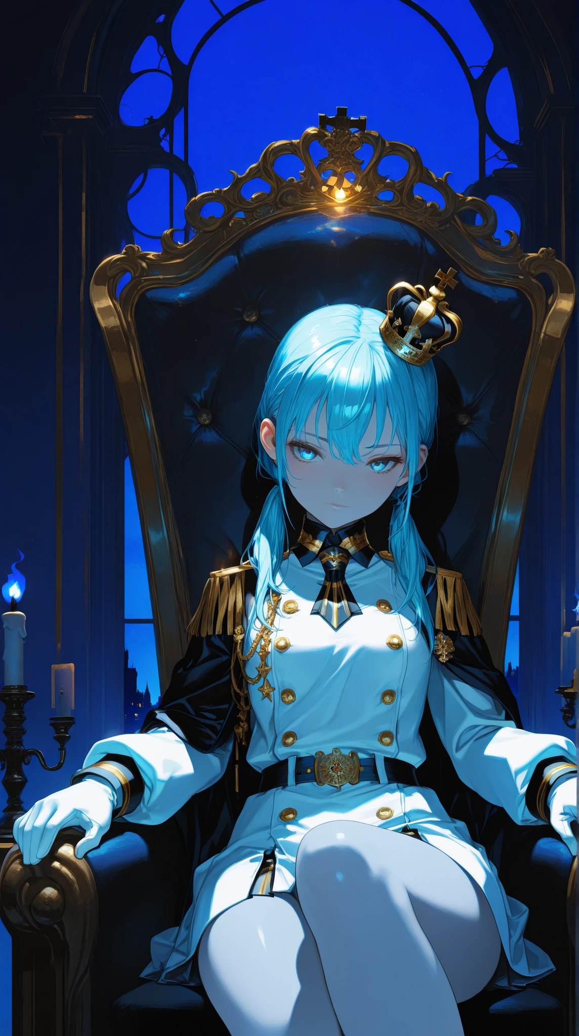 anime art, masterpiece, incredible quality, high resolution, a girl, hairstyle twin pigtails color sky blue, eyes bright very intense sky blue color, she has an arrogant face, She has a crown, white military clothing,black and gold, she sits on a throne, a candle light that creates soft shadows, dark palace background