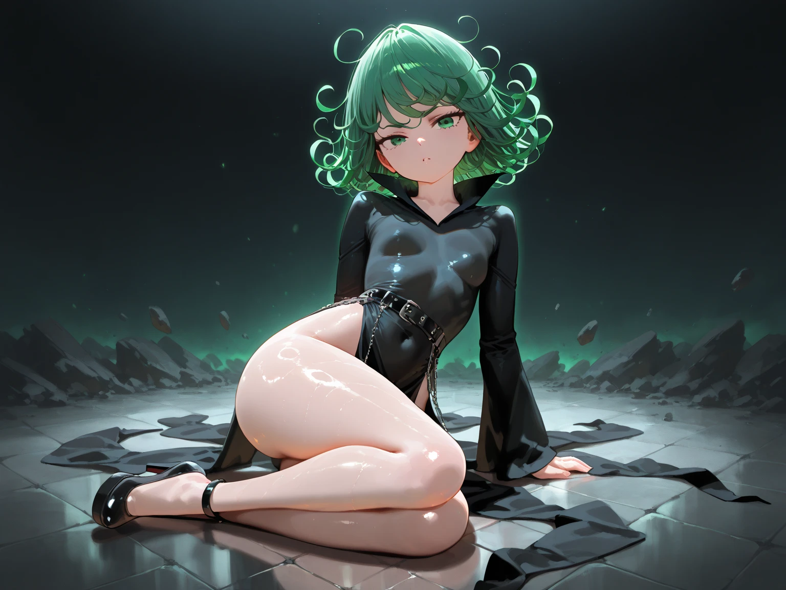 (best qualityer 1.2), work of art, best qualityer, (colorfully), tatsumaki, 1 girl, Volumetric Light, Ray tracing, (anatomical correct), (Full Body 1.1), Body cute, eyes glowing green, rosy cheeks, gazing at viewer, visible legs, raised thong panties, black gown, sexly, HDR, medium breasts, a hand on the breast, 独奏