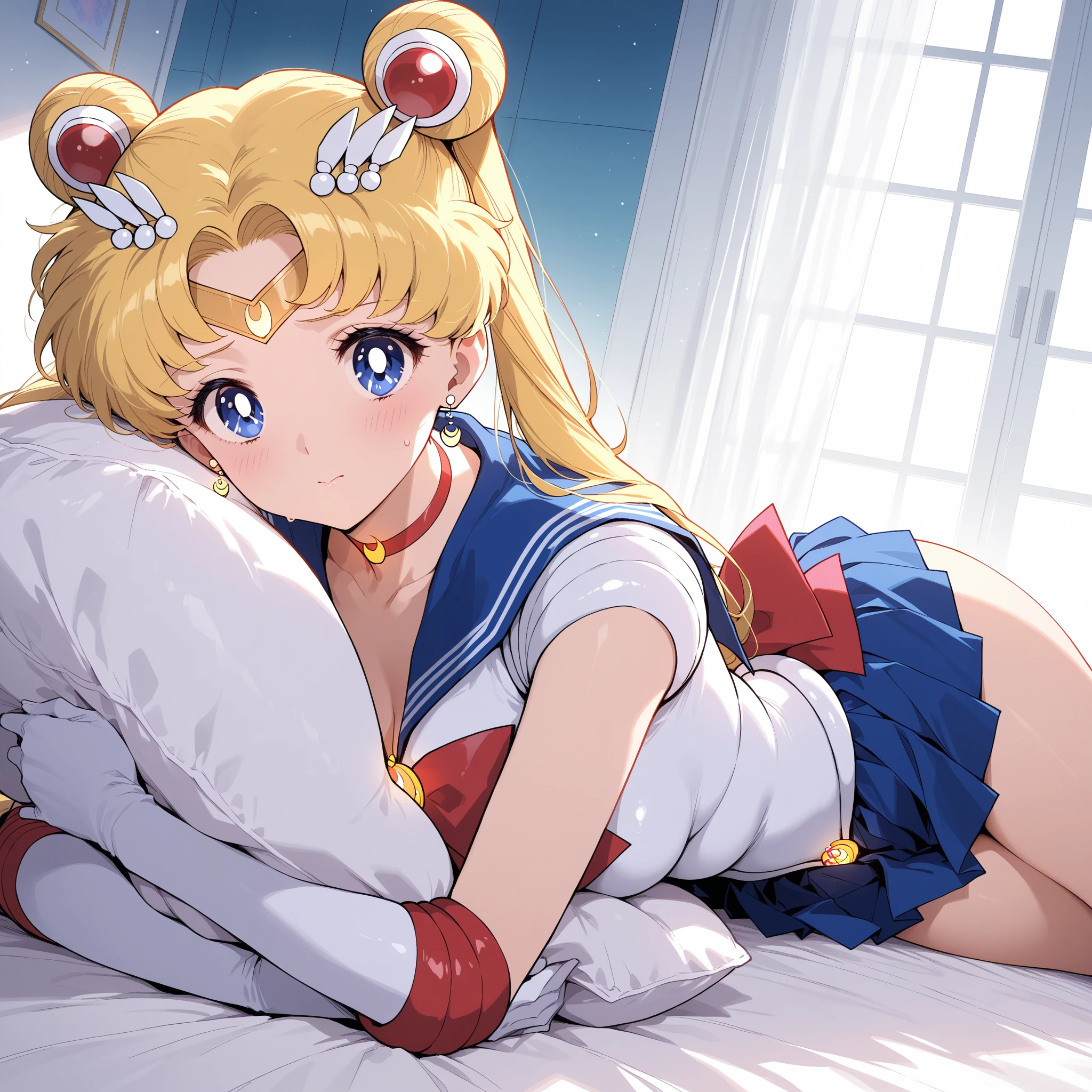 score_9, score_8_up, score_7_up,
bishoujo_senshi_sailor_moon,super_sailor_moon,tsukino_usagi,pleated_skirt,red_choker,thighhighs
on bed, thighs, hand between thighs, blush, look at viewer, lying